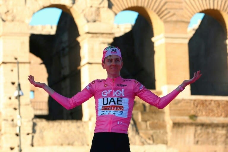 Team UAE's Slovenian rider Tadej Pogacar celebrates his first Giro d'Italia success in Rome last month (Luca Bettini)