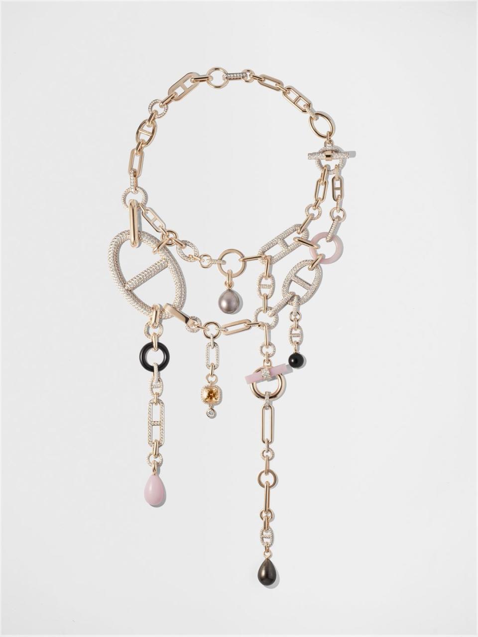 2) Hermès Collier Grand Jeté, with rose gold, diamonds, orange sapphire, black jade, pink opals, grey pearls