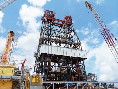 A massive drilling derrick is pictured on BP's Thunder Horse Oil Platform in the Gulf of Mexico, 150 miles from the Louisiana coast, May 11, 2017. Picture taken May 11, 2017. REUTERS/Jessica Resnick-Ault