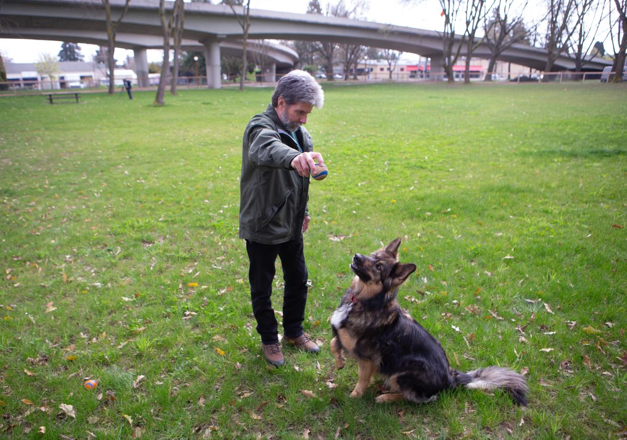 David Phillips, Eugene City park operations supervisor west region, plays fetch with his dog Sasha at the new Washington Jefferson dog park in Eugene.