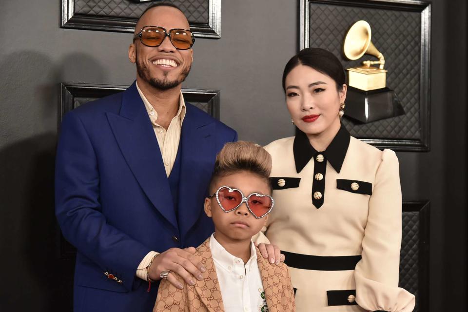 <p>David Crotty/Patrick McMullan via Getty</p> Anderson .Paak, son Soul Rasheed and wife Jaylyn Chang in Los Angeles in January 2020