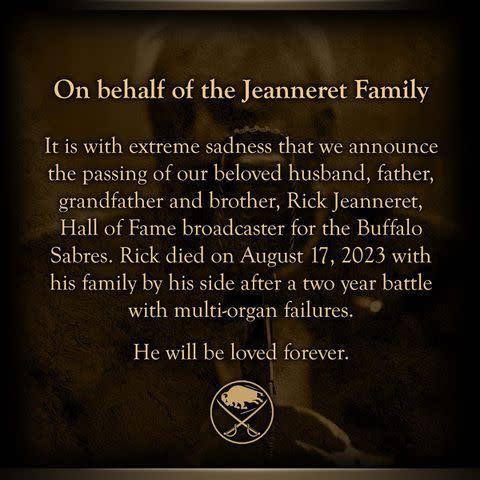 <p>Buffalo Sabres/Instagram</p> Buffalo Sabres' post sharing a statement from the Jeanneret family on social media.