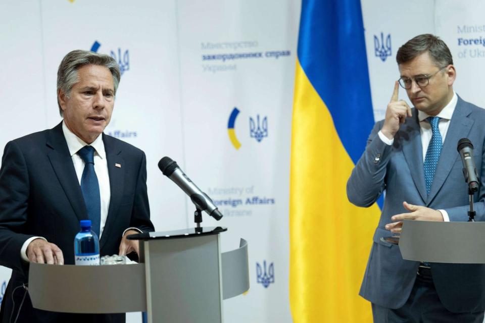 PHOTO: Ukraine's Foreign Minister Dmytro Kuleba and Secretary of State Antony Blinken speak during a news conference at the Ministry of Foreign Affairs in Kyiv, Ukraine, Sept. 6, 2023. (Pool via AP)