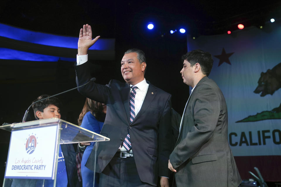 Alex Padilla at an election-night party in Los Angeles, on Nov. 8, 2022.  (Jae C. Hong / AP)