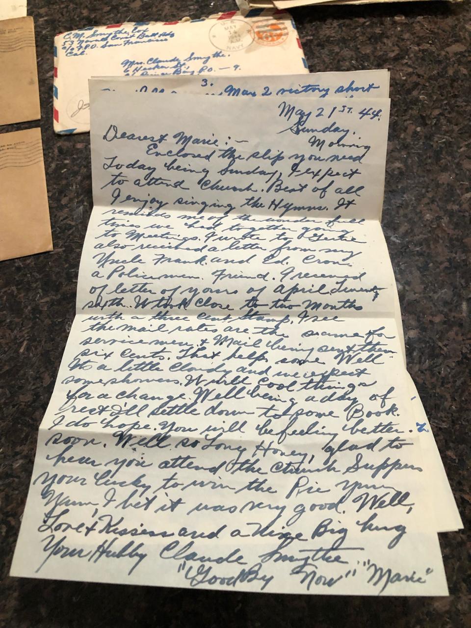 Pictured is one of the 18 letters exchanged between Claude Marsten Smythe and Marie Borgal Smythe in the 1940s.