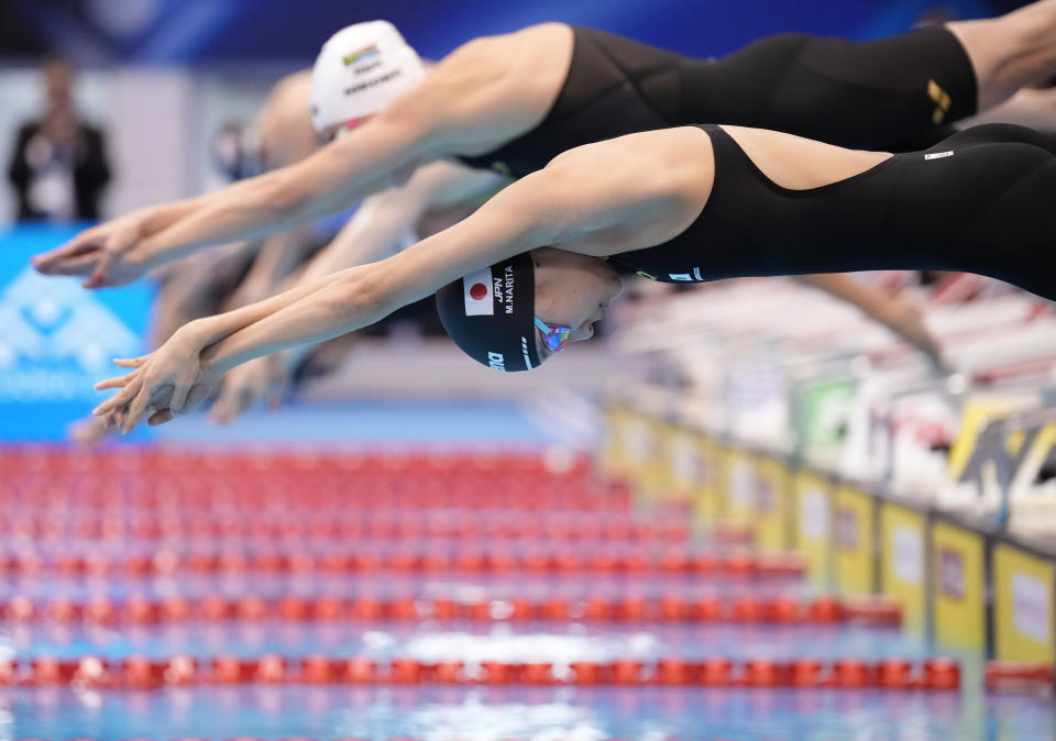 Mio Narita of Japan competes during Women 200m Medley semifinals 2 at the World Swimming Championships in Fukuoka, Japan, Sunday, July 23, 2023. (AP Photo/Eugene Hoshiko)