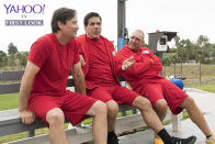 <p>Team Sci-Fi/Fantasy Sorbo, Ferrigno, and Jones swap stories on the sidelines between challenges.<br><br>(Photo Credit: Byron Cohen/ABC) </p>