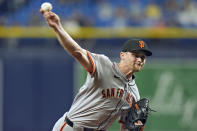 San Francisco Giants pitcher Keaton Winn delivers to the Tampa Bay Rays during the first inning of a baseball game Friday, April 12, 2024, in St. Petersburg, Fla. (AP Photo/Chris O'Meara)