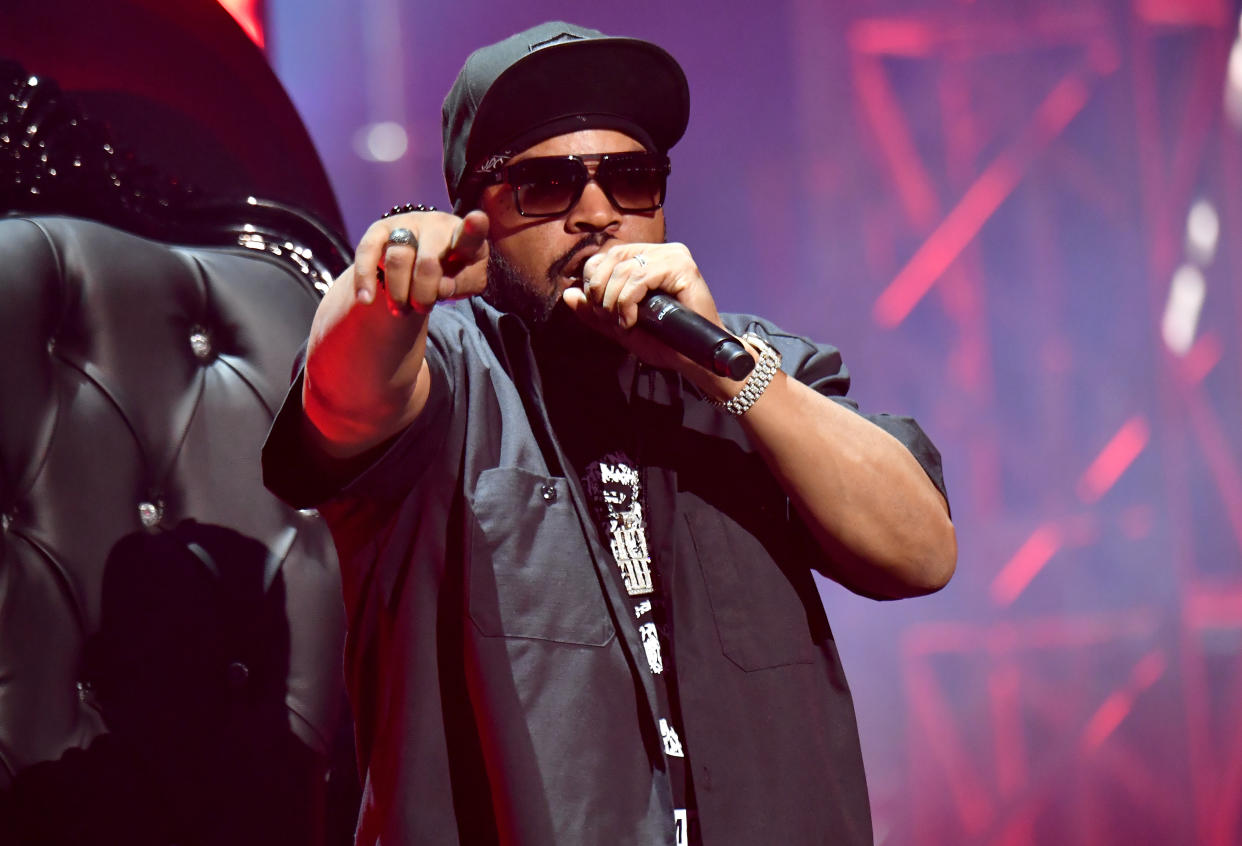 ATLANTA, GEORGIA - APRIL 17: In this image released on April 17, Ice Cube of hip-hop supergroup Mt. Westmore performs during the Triller Fight Club: Jake Paul v Ben Askren event at Mercedes-Benz Stadium in Atlanta, Georgia.   (Photo by Jeff Kravitz/Getty Images for Triller)