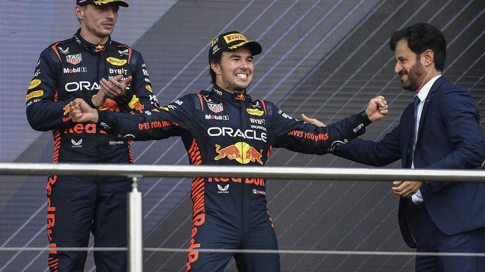 Sergio Perez celebrates after winning the Azerbaijan GP.