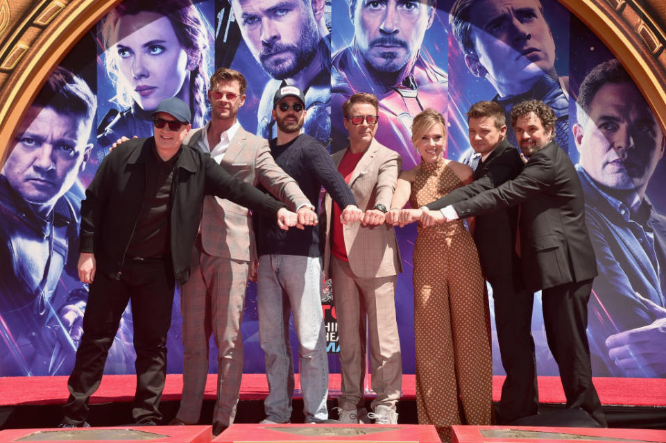 Kevin Feige, Chris Hemsworth, Chris Evans, Robert Downey Jr., Scarlett Johansson, Jeremy Renner and Mark Ruffalo