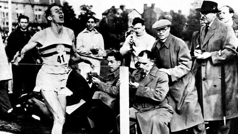 Roger Bannister finishing the race during an athletics meeting at Oxford where he ran the world's first four minute mile
