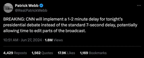 A user on X claimed the first 2024 US presidential debate on CNN featured a 1 to 2 minute delay during the live broadcast.