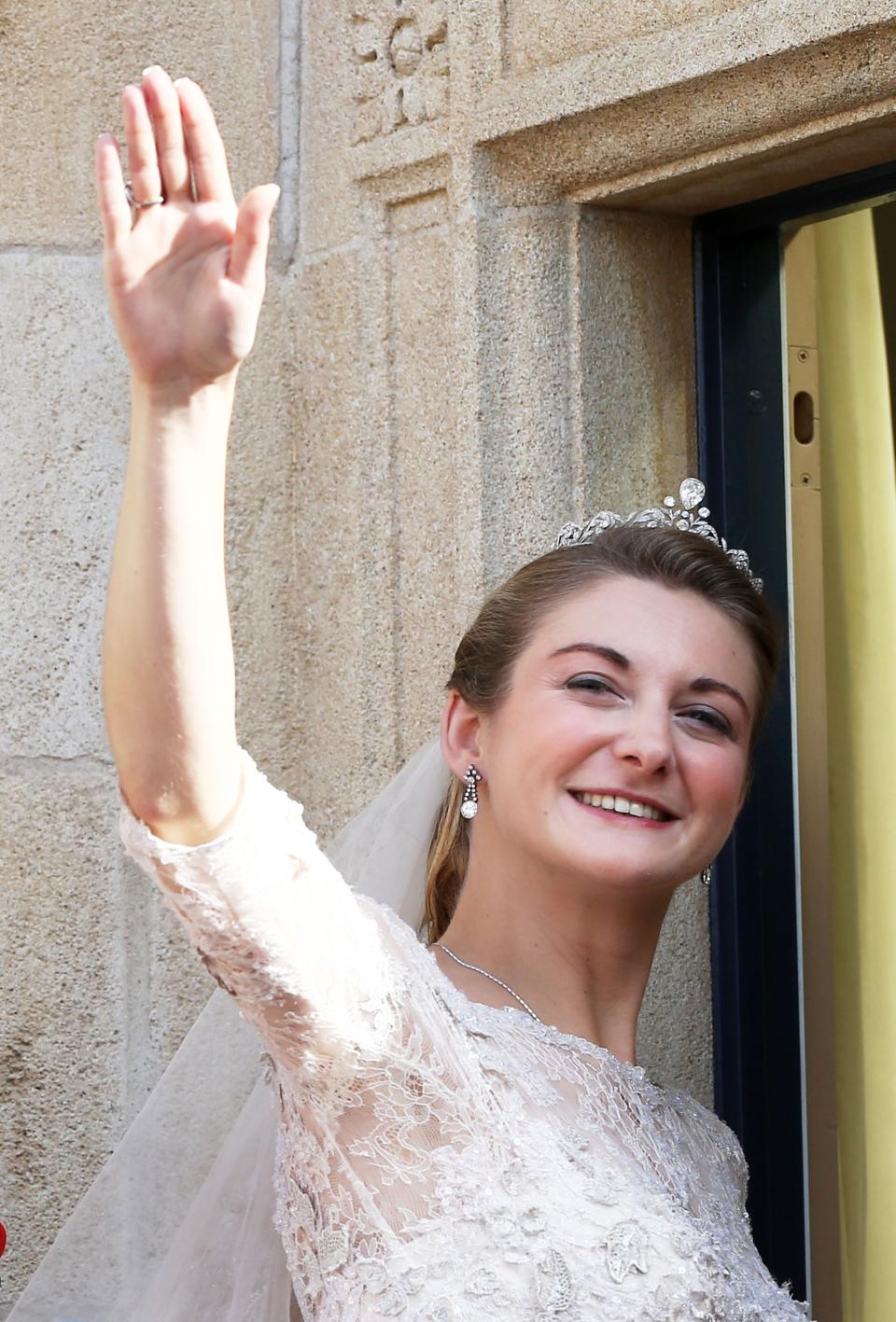 LUXEMBOURG - OCTOBER 20: Princess Stephanie of Luxembourg waves to the crowds from the balcony of the Grand-Ducal Palace following the wedding ceremony of Prince Guillaume Of Luxembourg and Princess Stephanie of Luxembourg at the Cathedral of our Lady of Luxembourg on October 20, 2012 in Luxembourg, Luxembourg. The 30-year-old hereditary Grand Duke of Luxembourg is the last hereditary Prince in Europe to get married, marrying his 28-year old Belgian Countess bride in a lavish 2-day ceremony. (Photo by Andreas Rentz/Getty Images)