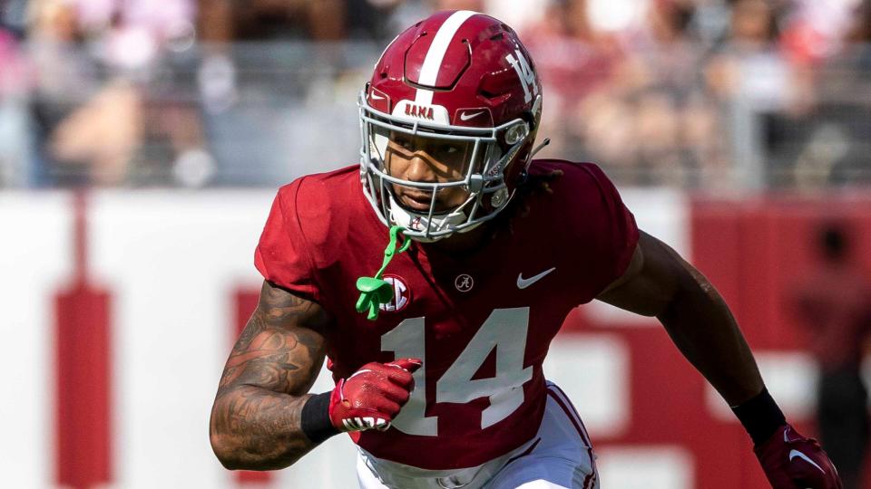 Alabama defensive back Brian Branch (14) during the first half of an NCAA college football game, Saturday, Sept. 17, 2022, in Tuscaloosa, Ala. (AP Photo/Vasha Hunt)