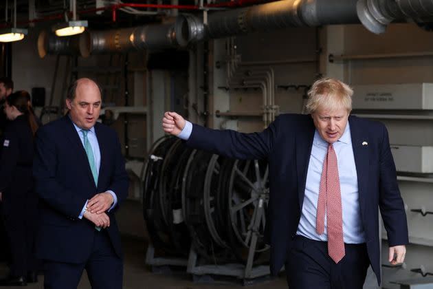 Boris Johnson (right) and defence secretary Ben Wallace onboard HMS Dauntless. (Photo: Phil Noble via PA Wire/PA Images)