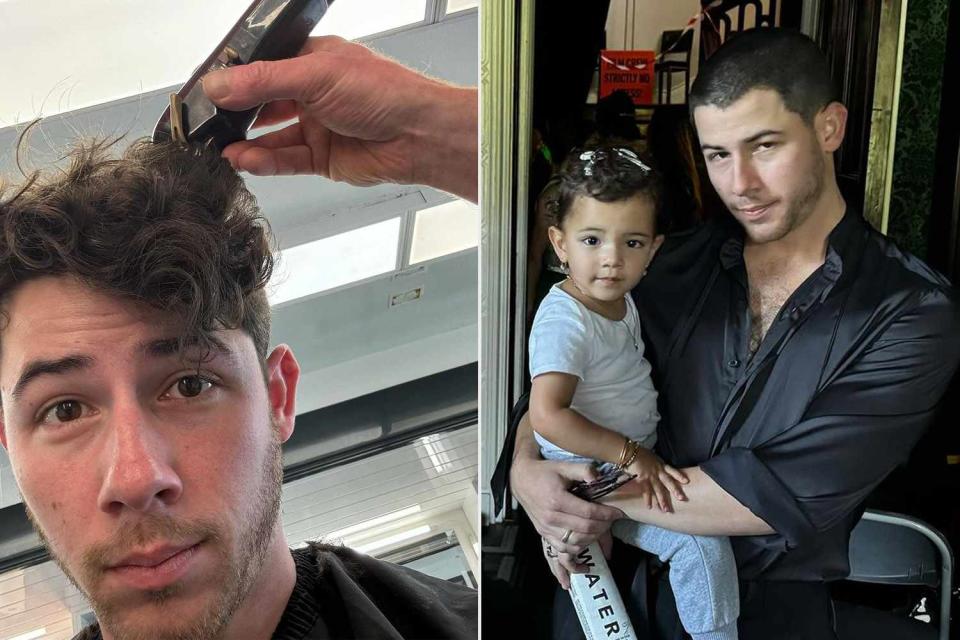 <p>Nick Jonas/Instagram</p> Nick Jonas poses with daughter Malti Marie while showing off his newly-shaved head.