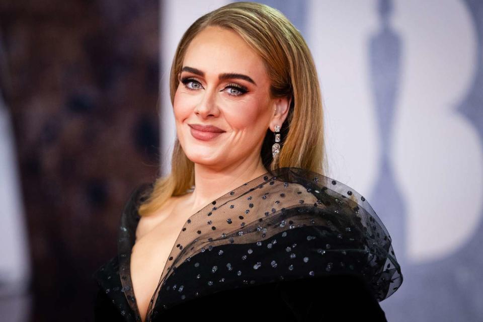 <p>Samir Hussein/WireImage</p> Adele poses for an image at the BRIT Awards 2022