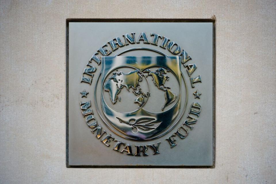 The seal of the International Monetary Fund (IMF) is seen outside of a headquarters building in Washington, DC on April 7, 2021. (Mandel Ngan/AFP via Getty Images)