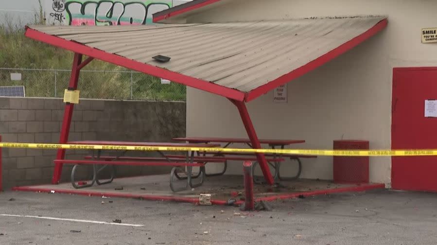 A second structure in the back was also damaged after a DUI driver crashed into a police car, sending it crashing in Art's Burgers in El Monte on April 11, 2024. (KTLA)