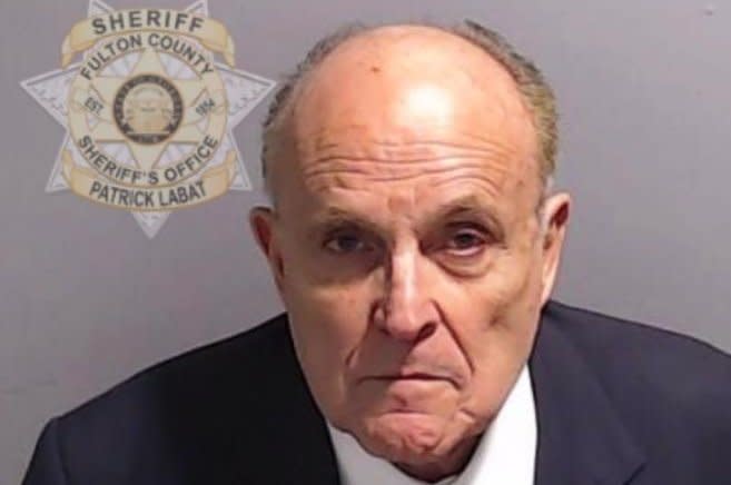 Rudy Giuliani, former lawyer for ex-President Donald Trump, poses for a mugshot Wednesday at the Fulton County Jail where he surrendered and was booked on 13 charges in the Georgia election subversion case. Photo courtesy of Fulton County Sheriff's Office