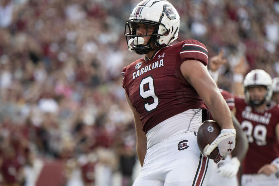 South Carolina tight end Nick Muse (9) reacts after scoring against Eastern Illinois during the first half of an NCAA college football game on Saturday, Sept. 4, 2021, in Columbia, S.C. (AP Photo/Hakim Wright Sr.)