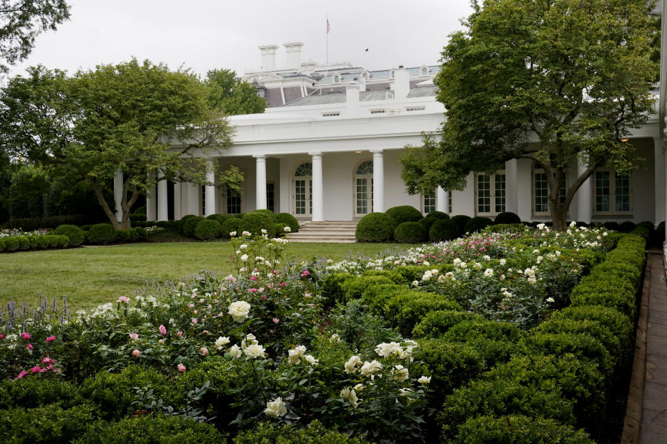 A view of the restored Rose Garden is seen at the White House in Washington, Saturday, Aug. 22, 2020. First Lady Melania Trump will deliver her Republican National Convention speech Tuesday night from the garden, famous for its close proximity to the Oval Office. The three weeks of work on the garden, which was done in the spirit of its original 1962 design, were showcased to reporters on Saturday. (AP Photo/Susan Walsh)