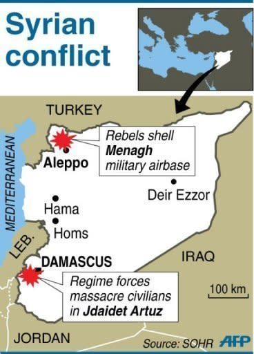 Map of Syria locating massacre in Jdaidet Artuz and bombed airbase in Menagh. Shells have rained down on rebel positions in Aleppo ahead of a UN vote to deplore both the Syrian regime's use of heavy arms and world powers for failing to agree on steps to end the conflict