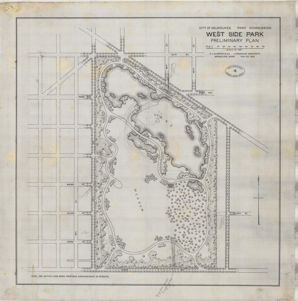 Frederick Law Olmsted's preliminary plans for Milwaukee's West Park, now Washington Park, included tree-lined streets surrounding the park.