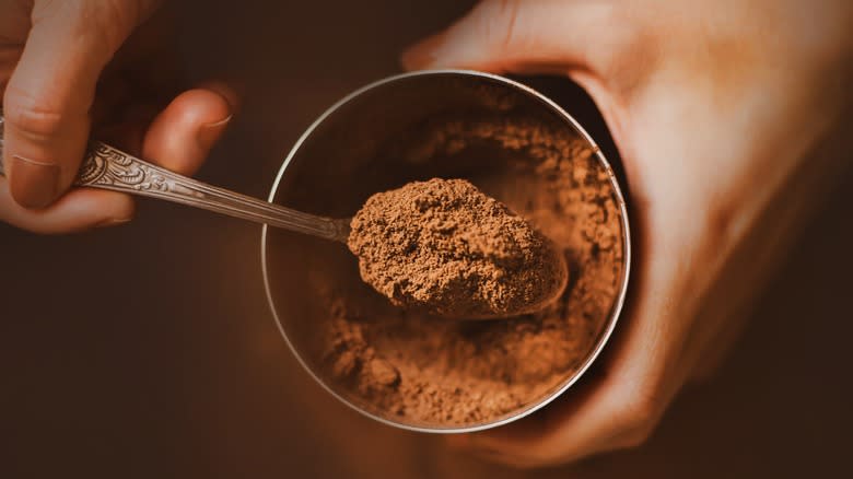 Top-down view of a spoonful of cocoa powder