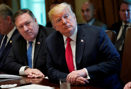 U.S. President Donald Trump and U.S. Secretary of State Mike Pompeo listen during a cabinet meeting at the White House in Washington, U.S., August 16, 2018. REUTERS/Kevin Lamarque/Files