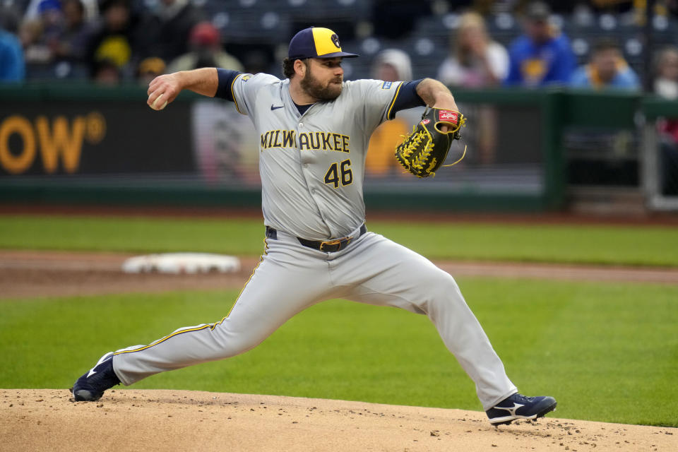 Milwaukee Brewers starting pitcher Bryse Wilson delivers during the first inning of a baseball game against the Pittsburgh Pirates in Pittsburgh, Wednesday, April 24, 2024. (AP Photo/Gene J. Puskar)