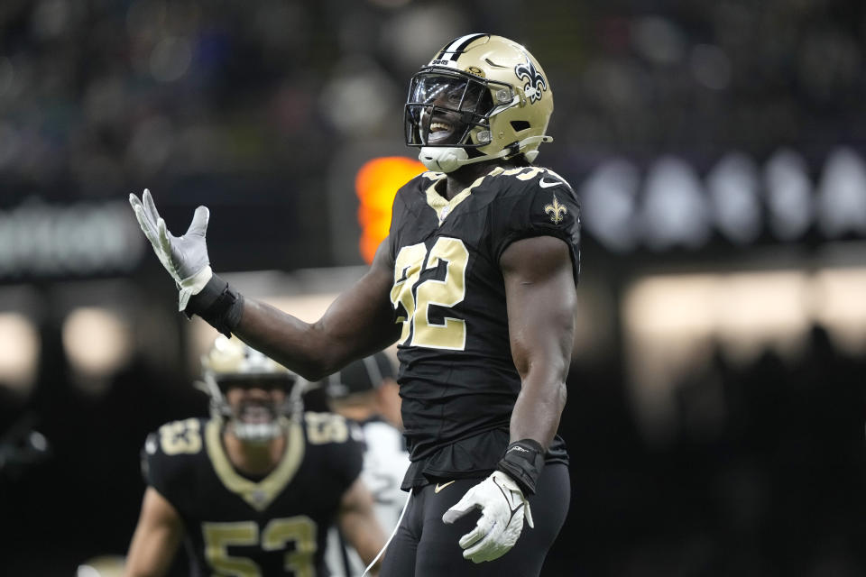 New Orleans Saints defensive end Tanoh Kpassagnon celebrates after sacking New York Giants quarterback Tommy DeVito for an 8-yard loss during the first half of an NFL football game Sunday, Dec. 17, 2023, in New Orleans. (AP Photo/Gerald Herbert)