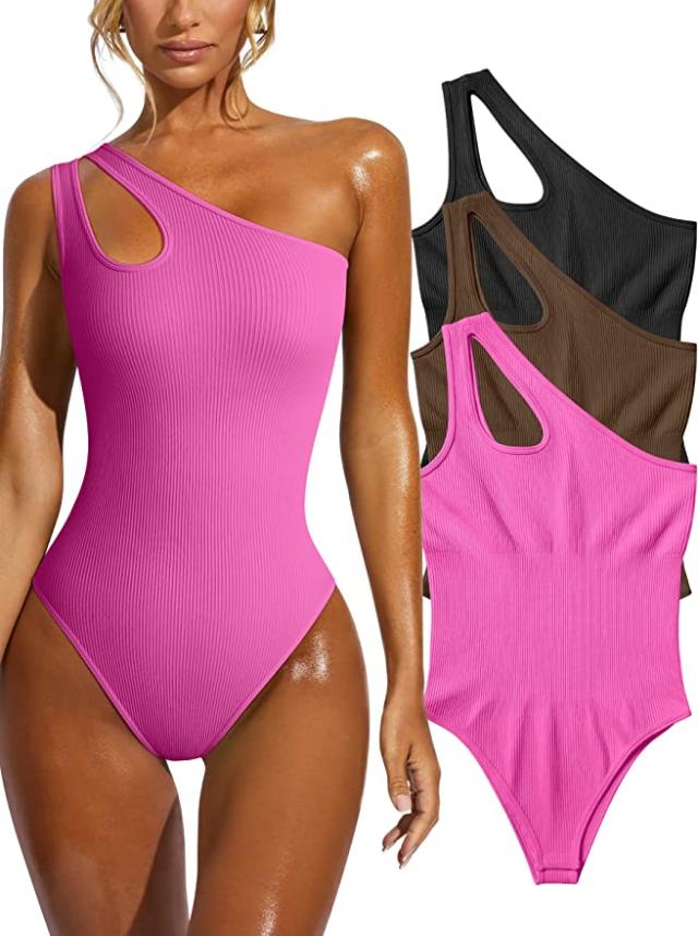 OQQ Women's 3 Piece Bodysuits Sexy Ribbed One Piece Sleeveless Halter Neck  Bodysuits Black Beige Blue at  Women's Clothing store
