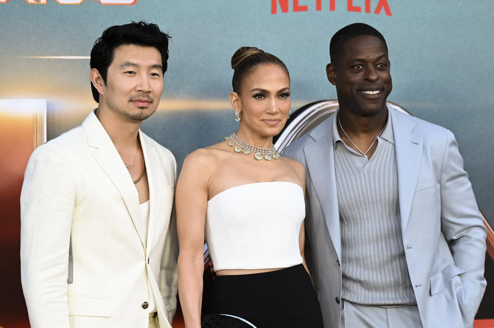 Simu Liu, Jennifer Lopez and Sterling K. Brown at the premiere of Netflix's "Atlas" held at The Egyptian Theatre Hollywood on May 20, 2024 in Los Angeles, California. (Photo by Gilbert Flores/Variety via Getty Images)