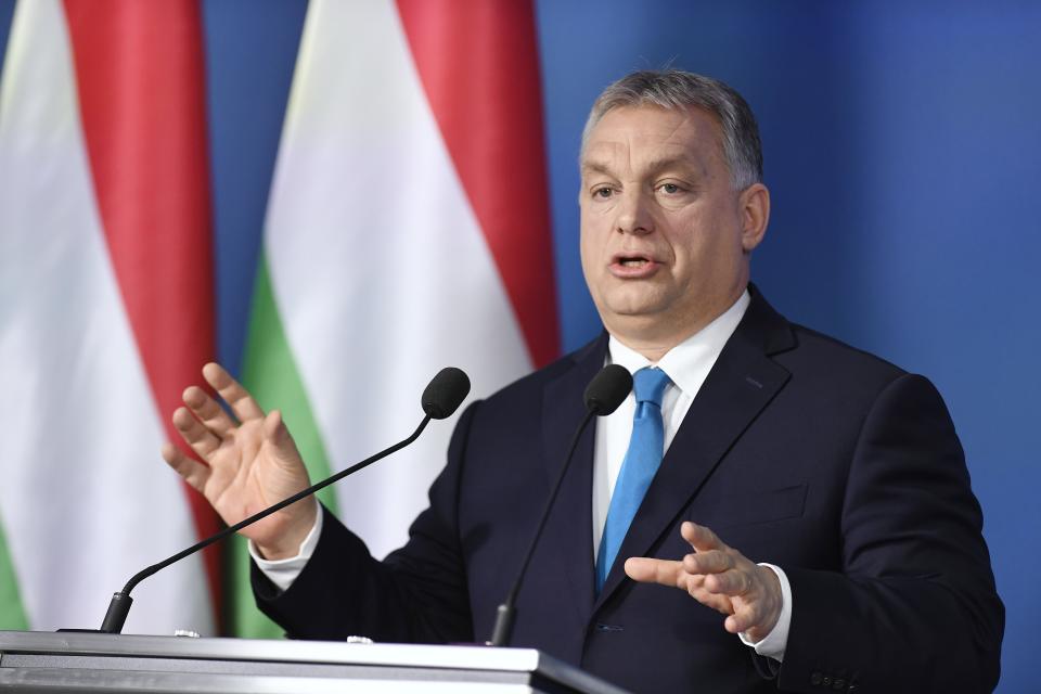 Hungarian Prime Minister Viktor Orban addresses the media during an international press conference in the Cabinet Office of the Prime Minister in Budapest, Hungary, Thursday, Jan. 10, 2019. (Szilard Koszticsak/MTI via AP)