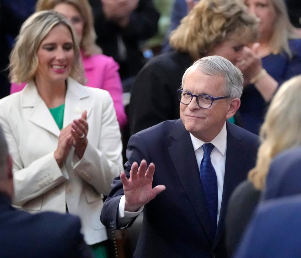 Ohio Gov. Mike DeWine enters the Ohio House chambers before delivering his 2024 State of the State address at the Ohio Statehouse on Wednesday.