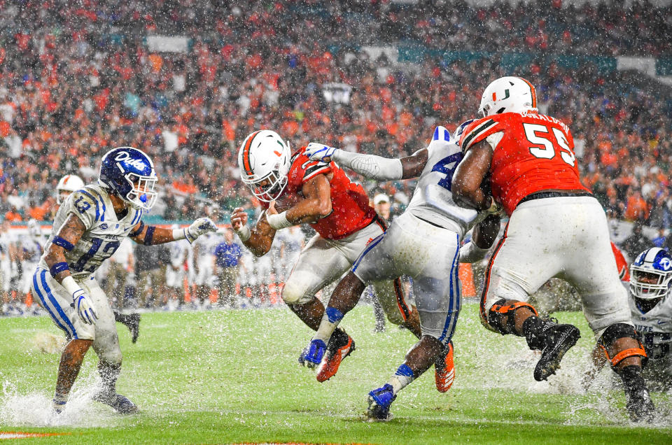 MIAMI, FL – NOVEMBER 03: Travis Homer #24 of the Miami Hurricanes scores a touchdown in the first half against the Duke Blue Devils at Hard Rock Stadium on November 3, 2018 in Miami, Florida. (Photo by Mark Brown/Getty Images)