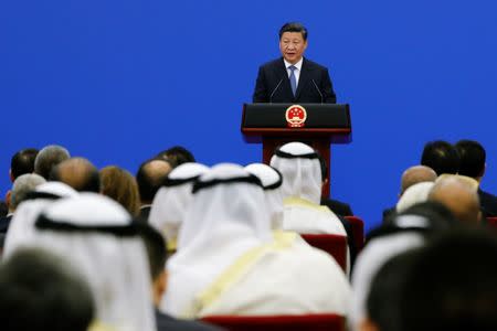 Chinese President Xi Jinping speaks to representatives of Arab League member states at a China Arab forum at the Great Hall of the People in Beijing, China, July 10, 2018. REUTERS/Thomas Peter