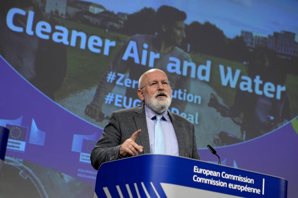 FILE - European Commissioner for European Green Deal Frans Timmermans speaks during a media conference on threats of climate change and environmental degradation on peace, security, and defense at EU headquarters in Brussels, Wednesday, June 28, 2023. The European Union took a novel step Wednesday, July 5, 2023 to adapt its food production to the new ways of the world, proposing to embrace the latest gene techniques that it hopes will help counter global challenges like climate change and shortages while still keep nature and consumers safe. (AP Photo/Virginia Mayo File)