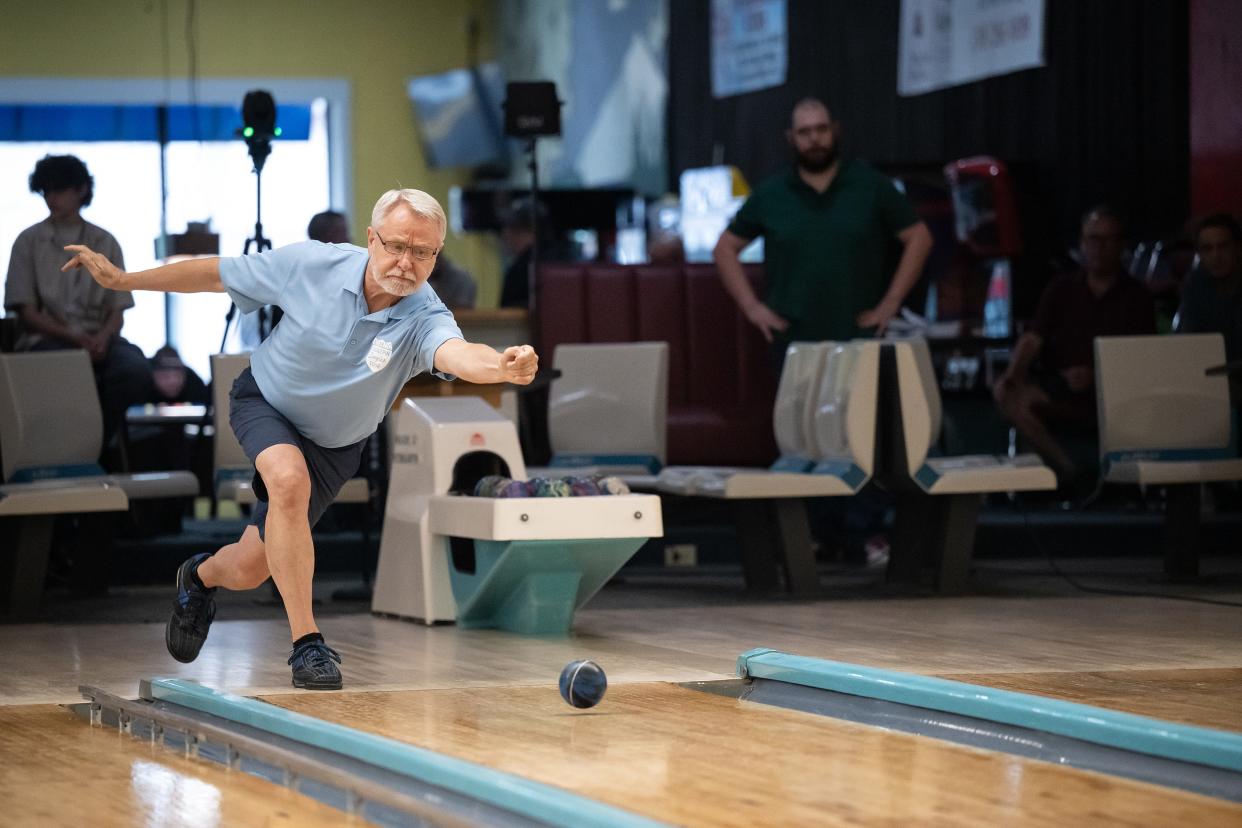 Rick Kamrowski competes in "Bowling for Scholars" a TV program that raises money for college students hosted at Sparetime Recreation in Whitinsville on Thursday.