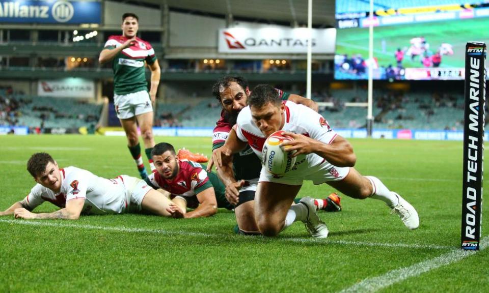 Ryan Hall dives over to score a try for England against Lebanon.