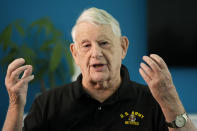 Retired Army Col. Farrell Patrick, 91, speaks about virtual reality at John Knox Village, Wednesday, Jan. 31, 2024, in Pompano Beach, Fla. John Knox Village was one of 17 senior communities around the country that participated in a recently published Stanford University study that found that large majorities of 245 participants between 65- and 103-years-old enjoyed virtual reality, improving both their emotions and their interactions with staff. (AP Photo/Lynne Sladky)