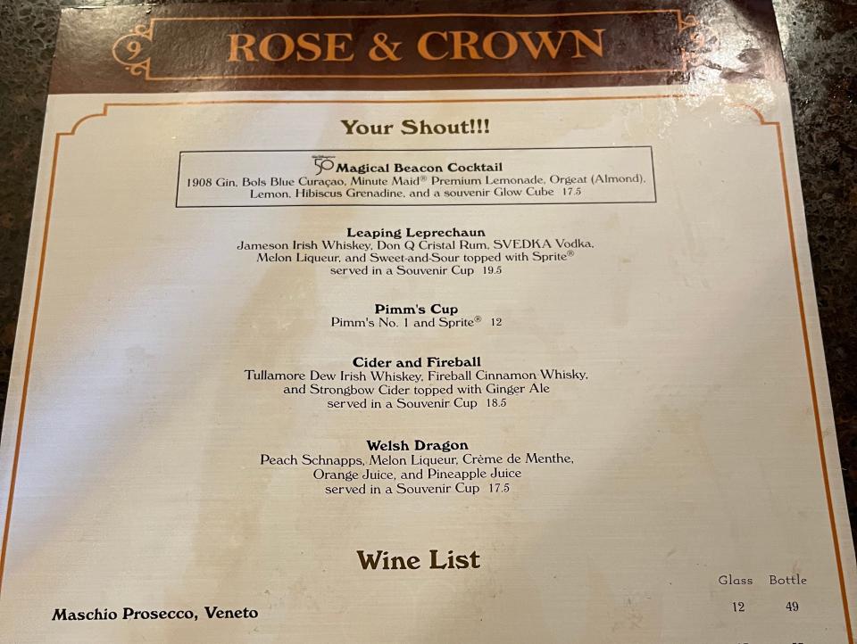 menu for rose and crown pub at epcot