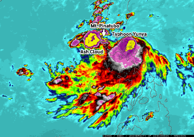 Infrared satellite photo of Typhoon Yunya and Mt. Pinatubo eruption on June 14, 1991 (CIMSS/GMS-4 Satellite)