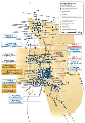 Figure 2. Location map for holes reported in this news release along drill Section22-17N(2) relative to the perimeter of historical Atlanta Pit and footprint of the Gustavson 2020 NI 43-101 resource. Shallow drillholes on the mine dumps have been removed from the plot for clarity. (CNW Group/Nevada King Gold Corp.)