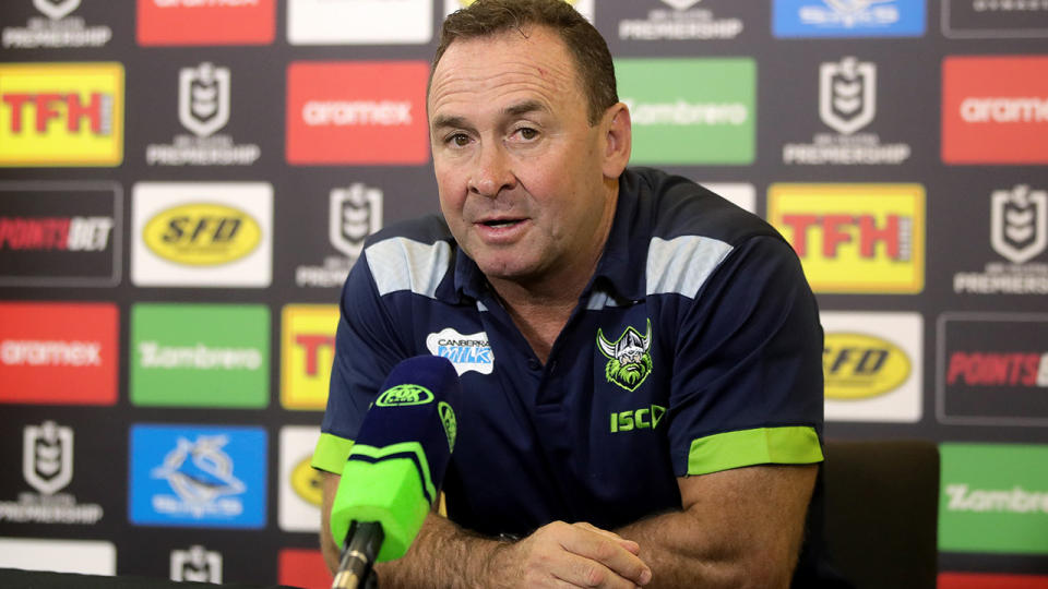 Ricky Stuart was frustrated about the lopsided penalty count in Canberra's loss to the Rabbitohs. (Photo by Speed Media/Icon Sportswire via Getty Images)