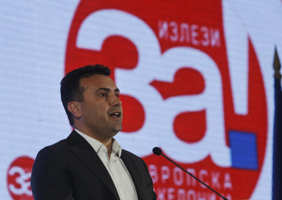 Macedonia's Prime Minister Zoran Zaev talks to members of the media about the referendum in Skopje, Macedonia, Sunday, Sept. 30, 2018. The crucial referendum on accepting a deal with Greece to change the country's name to North Macedonia to pave the way for NATO membership attracted tepid voter participation Sunday, a blow to Zaev's hopes for a strong message of support. (AP Photo/Boris Grdanoski)