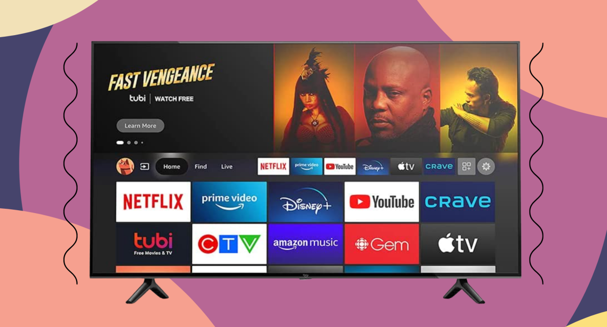 amazon fire tv on purple orange and yellow background with black squiggles, early amazon prime deal sale deals, prime day deal