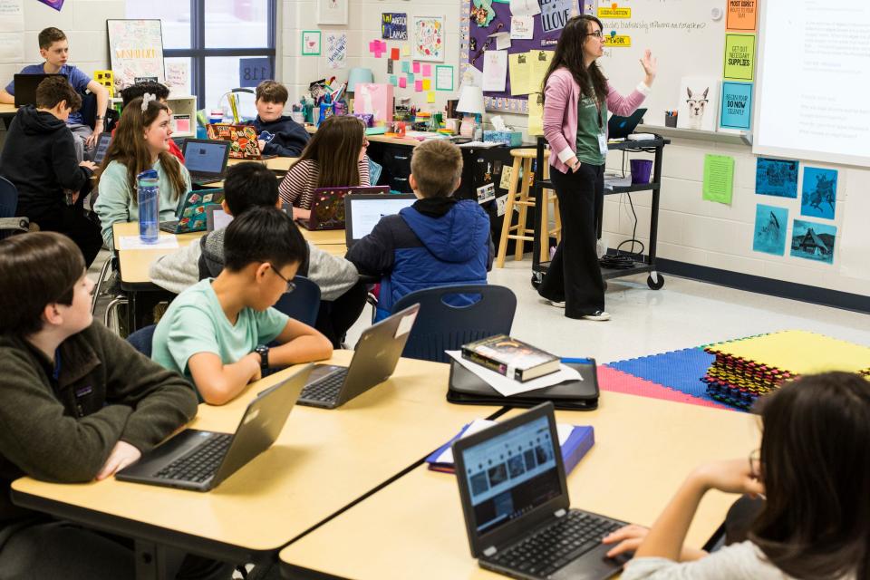 March 04, 2019 - Jessica Washington teaches in her 6th grade science class at Lakeland Middle Preparatory School on Monday. Every student at Lakeland Middle Preparatory School has a Chromebook laptop that they use instead of textbooks.